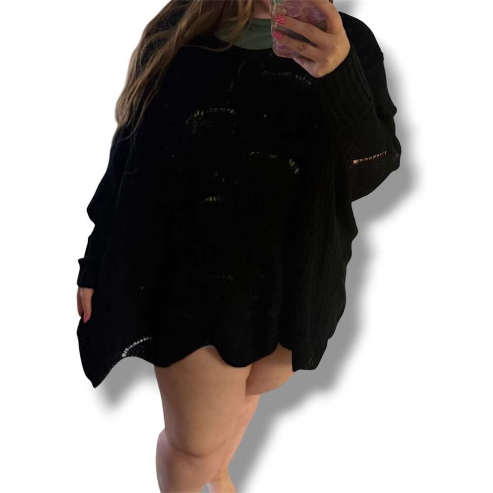 Black Distressed Hollow Knit Oversized Batwing Sweater with Scalloped Hem
